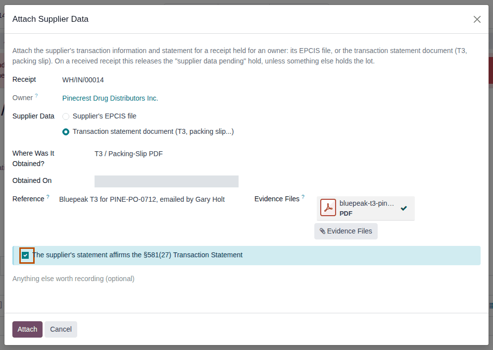 Screenshot of the Attach Supplier Data window in transaction statement document mode, filled in for Pinecrest's receipt.