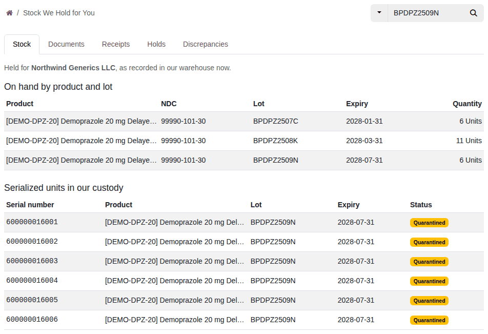 Screenshot of the Stock page searched for lot BPDPZ2509N: the quantities by product and lot, and six serial numbers marked Quarantined.