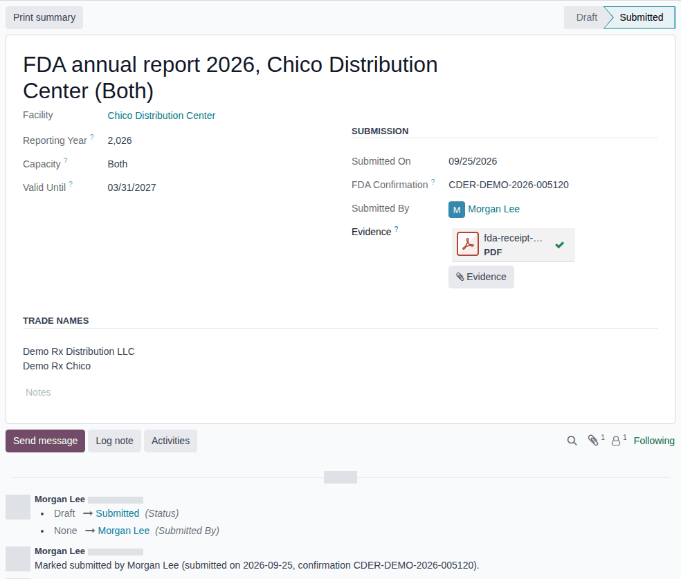 Screenshot of the same FDA annual report after Mark submitted: status Submitted, the submission date, FDA confirmation, submitter and evidence file.