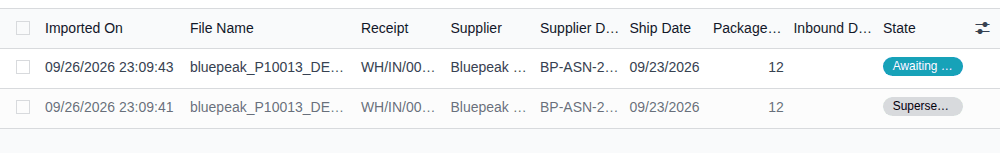 Screenshot of a receipt's Supplier EPCIS Files: the corrected file Awaiting Receipt above the earlier file, Superseded and greyed.