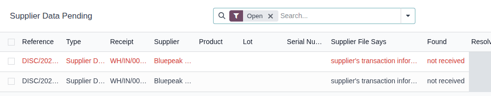 Screenshot of the Supplier Data Pending list with Pinecrest's overdue item in red and Northwind's open item.