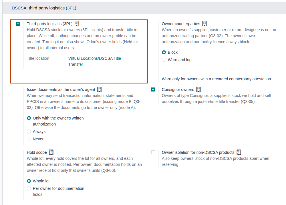 Screenshot of the 3PL settings block after Save: Third-party logistics (3PL) selected, the Title location and the default policies.