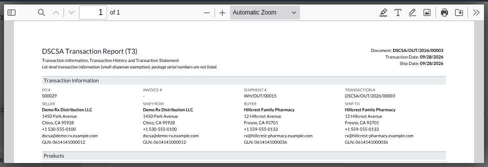 Screenshot of the stored T3 report of the lot-level document DSCSA/OUT/2026/00003 for Hillcrest Family Pharmacy, in the file viewer.