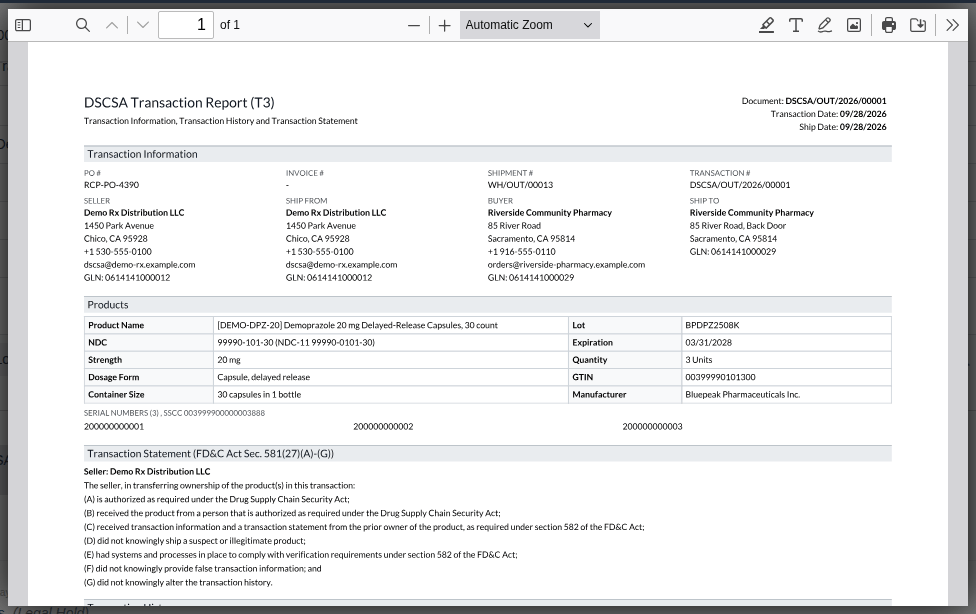 Screenshot of the stored T3 report of DSCSA/OUT/2026/00001 in Odoo's file viewer: heading, Transaction Information, the first product.