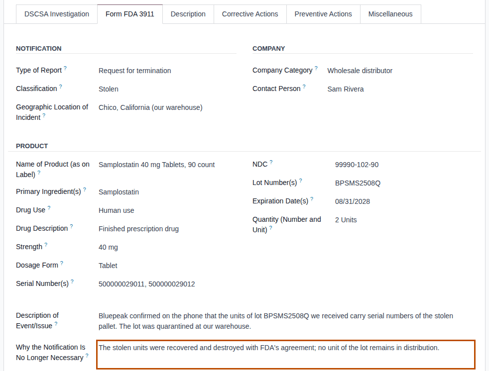 Screenshot of the Form FDA 3911 tab of QA00011: Request for termination, and item 19 outlined at the bottom.