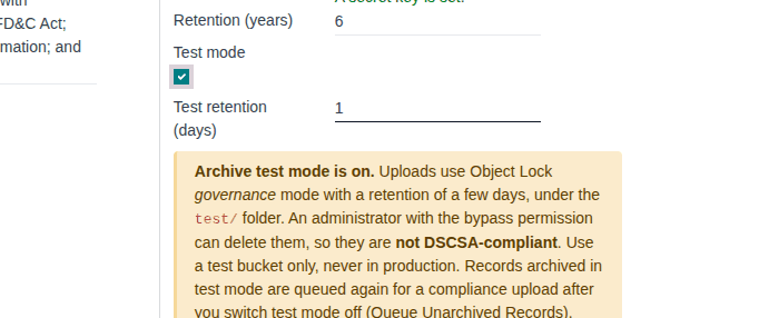 Screenshot of the archive settings with Test mode selected, Test retention (days) set to 1 and the yellow test-mode warning.