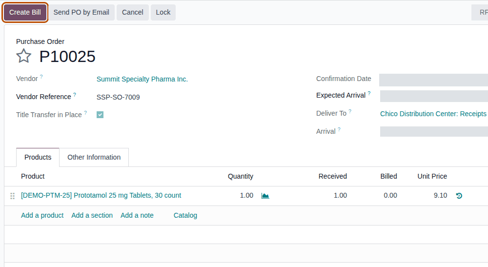 Screenshot of the title purchase order P10025: 1 Prototamol received, nothing billed, and the Create Bill button outlined.