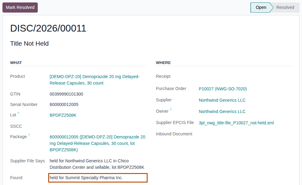 Screenshot of the Title Not Held discrepancy DISC/2026/00011: serial 600000012005 is held for Summit, not Northwind. Found is outlined.