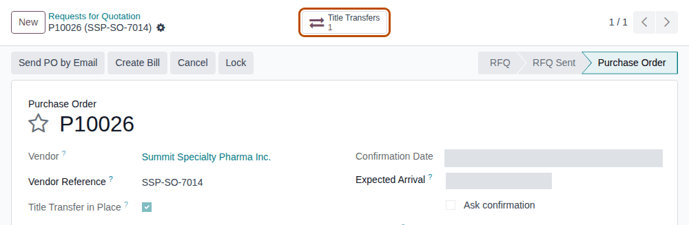 Screenshot of the confirmed purchase order P10026 with the Title Transfers smart button outlined, and no Receipt button.