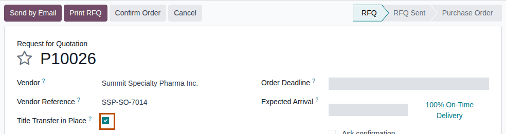Screenshot of a request for quotation to Summit Specialty Pharma with Vendor Reference SSP-SO-7014. Title Transfer in Place is outlined.