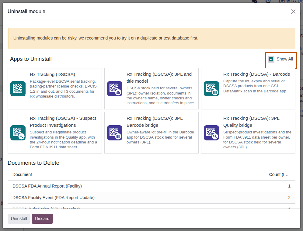 Screenshot of the Uninstall module dialog for Rx Tracking (DSCSA) listing the six modules. The Show All checkbox is outlined.