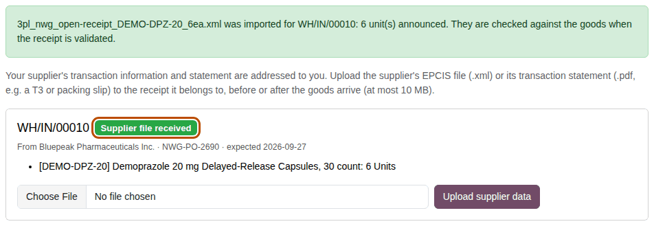 Screenshot of the green message after an EPCIS upload; the receipt's badge, outlined, now says Supplier file received.