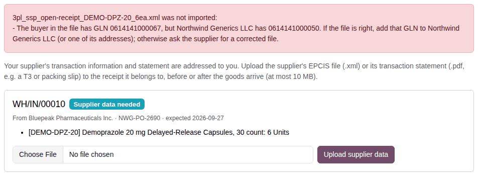 Screenshot of a red message on the Receipts page: the file was not imported because the buyer in it has another GLN than your company.